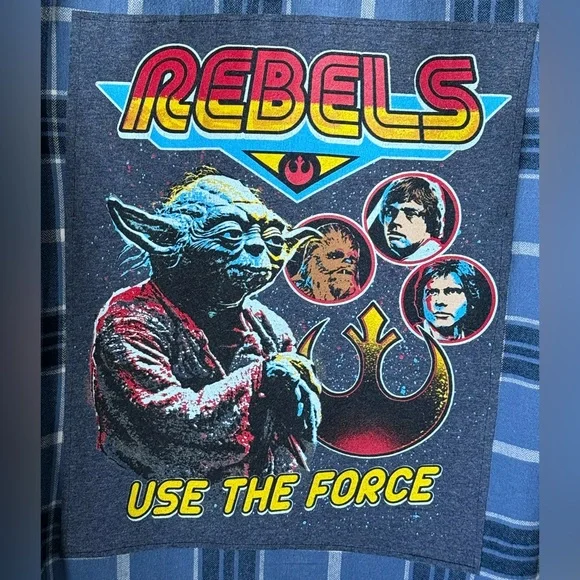 Upcycled REBELS USE THE FORCE Star Wars Tee On Perry Ellis Flannel Shirt Size L - Picture 3 of 6